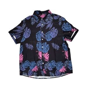 Men's Tropical Hawaiian Shirt - Black with Blue & Pink Monstera Leaves - Size XL